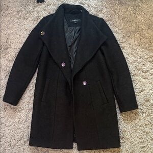 Kenneth Cole Black Pea Coat with Purple Buttons